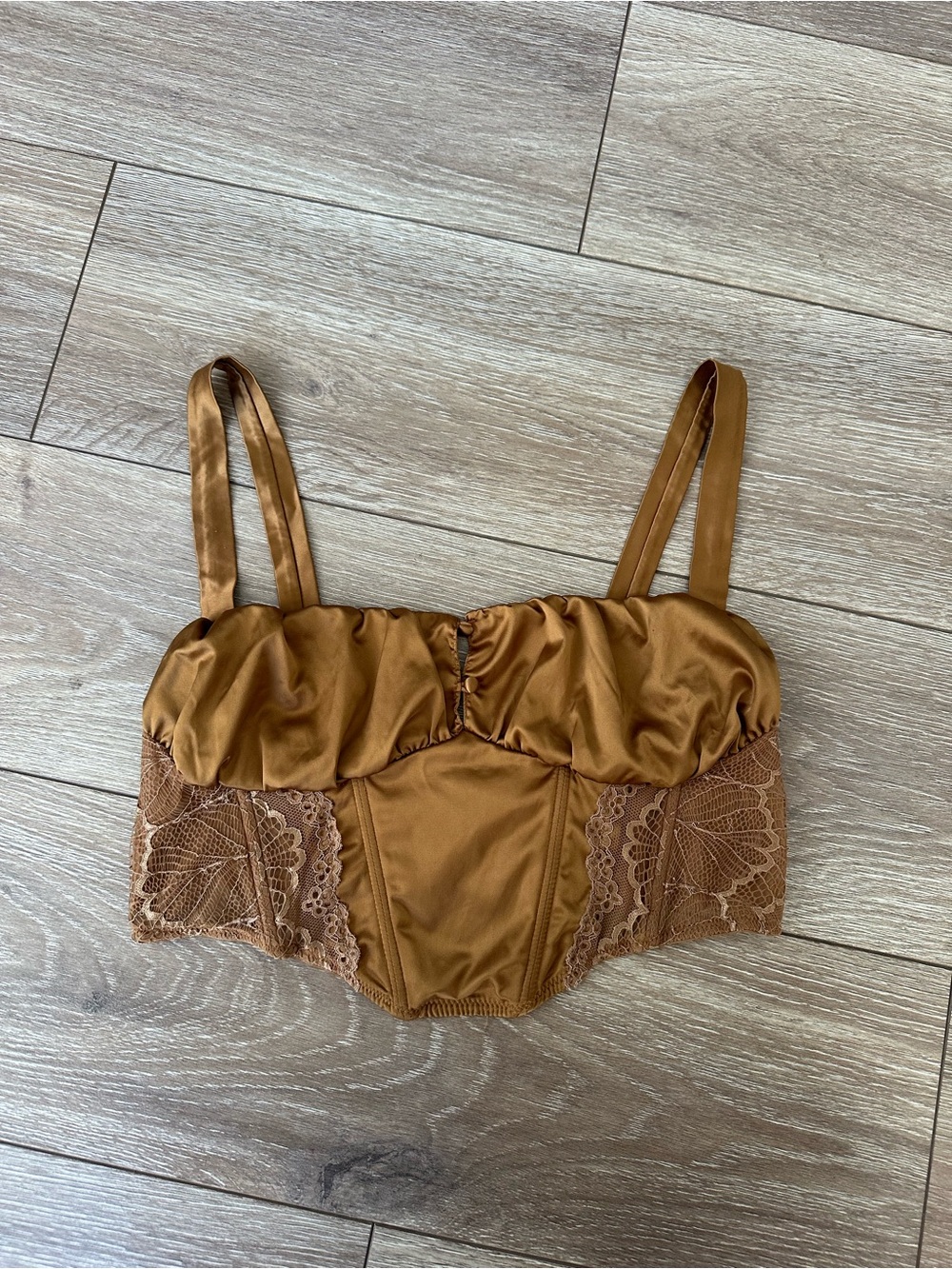 Urban Outfitters Out From Under Satin Lace Corset Bralette in Warm Camel XL